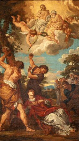 Filippo Lauri (attribuito a) (Roma, 1623 - Roma, 1694) 
Martirio di Santo Stefano 
Olio su tela cm. 37,5x22,5. Con cornice