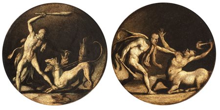 detto Giulio Romano (seguace di) (Roma, ca. 1499 - Mantova, 1546 ,  - ) 
a) Ercole con Cerbero; b) Ercole e il Centauro. Coppia di dipinti a grisaille XVI - XVII secolo
Olio su tavola Ø cm. 17 cad. Con cornice