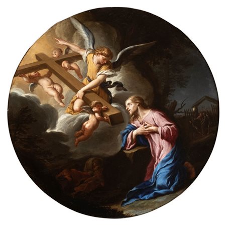 Francesco Trevisani (attribuito a) (Capodistria, 1656 - Roma, 1746) 
L'agonia nell'orto 
Olio su rame Ø cm. 35,5. Con cornice