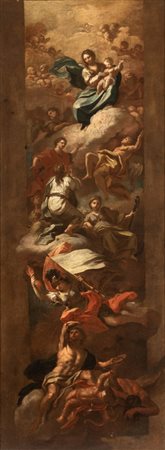 Sebastiano Conca (attribuito a) (Gaeta, 1680 - Napoli, 1764) 
Madonna in gloria con schiere di angeli e penitenti 
Olio su tela cm. 105x39,5. Con cornice
