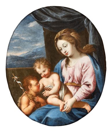 Lorenzo Masucci (Roma, 1726  - 1785) 
Madonna con Bambino e San Giovannino 
Olio su tela applicato su tavola cm. 33x27. Con cornice