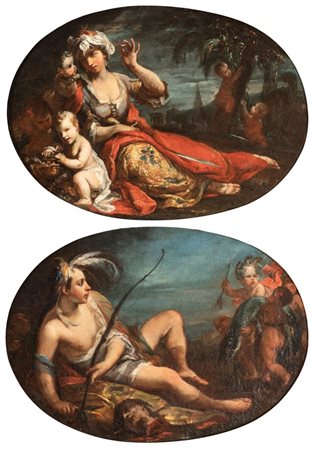 Giuseppe Antonio Ghedini (Ficarolo, 1707 - Ferrara, 1791) 
a) Allegoria dell'Asia; b) allegoria dell'America. Coppia di dipinti 
Olio su tela cm. 22,5x31,5 cad. Con cornice