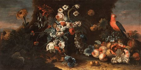 Aniello Ascione (attribuito a) (attivo a Napoli dal 1680 al 1708,  - ) 
Frutta e vaso di fiori in un paesaggio con pappagallo 
Olio su tela cm. 78x155. Con cornice