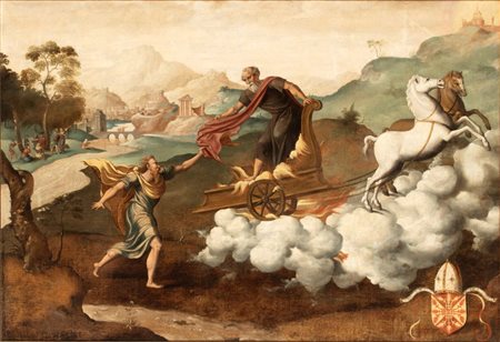 Maestro del figliol prodigo (attribuito a) (attivo ad Anversa nel secondo terzo del XVI secolo,  - ) 
Elia sul carro di fuoco 
Olio su tela cm. 92x133,5. Con cornice