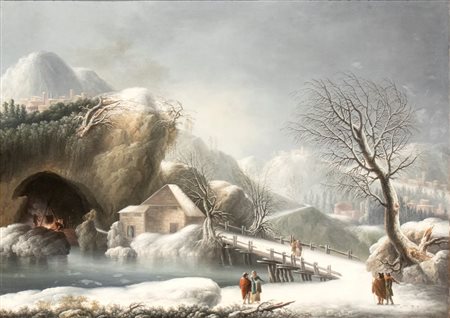 Francesco Foschi (Ancona, 1710 - Roma, 1780) 
Paesaggio innevato con ponte, casa, grotta e viandanti 
Olio su tela cm. 98x136,5. Con cornice