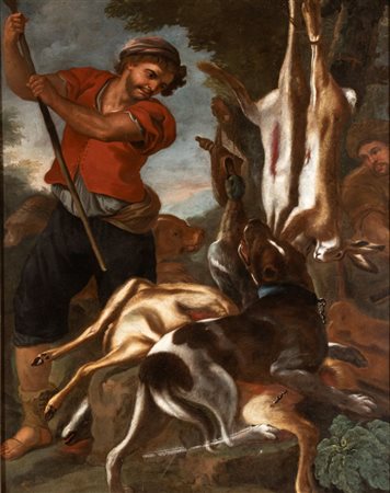 Baldassarre De Caro (attribuito a) (Napoli, 1689 - 1750) 
Due cacciatori con cani e selvaggina 
Olio su tela cm. 174,5x139. Con cornice