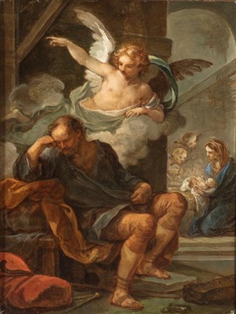 Charles-Joseph Natoire (Nîmes, 1700 - Castel Gandolfo, 1777) 
Il sogno di San Giuseppe 
Olio su rame cm. 35x27,5. Con cornice