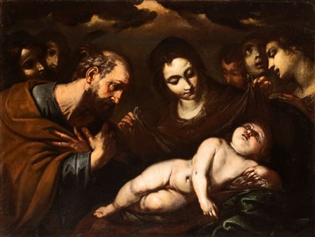 il Giovane (Milano, 1596 - 1676) 
Sacra Famiglia con angeli 
Olio su tela cm. 88,5x118. Con cornice