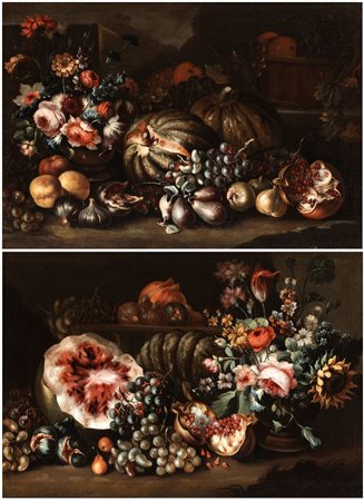 Maximilian Pfeiler (attribuito a) (attivo a Roma dal 1694 al 1721,  - ) 
a) Natura morta con cocomero, uva, melagrane e fiori; b) Natura morta con zucca, fichi, pere e fiori. Coppia di dipinti 
Olio su tela cm. 56x81,5 cad. Con cornice