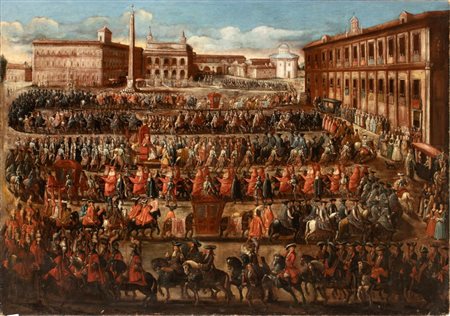 Artista attivo a Roma, inizio XVIII secolo  
La Cavalcata del Possesso di Clemente XI verso il palazzo Lateranense 
Olio su tela cm. 172x121