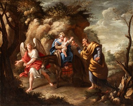Nicola Vaccaro (Napoli, 1640 - 1709) 
Fuga in Egitto 
Olio su tela cm. 102x127,5. Con cornice