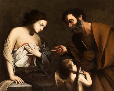 Diana De Rosa (attribuito a) (Napoli, 1602 - 1643) 
Sant'Agata visitata da San Pietro in carcere 
Olio su tela cm. 104x129. Con cornice