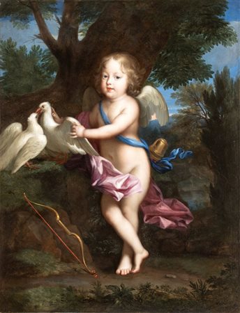 Jean Nocret (attribuito a) (Nancy, 1615 - Parigi, 1672 ) 
Ritratto di Marie Anne de Bourbon nei panni di Amore 
Olio su tela cm. 114x87,5