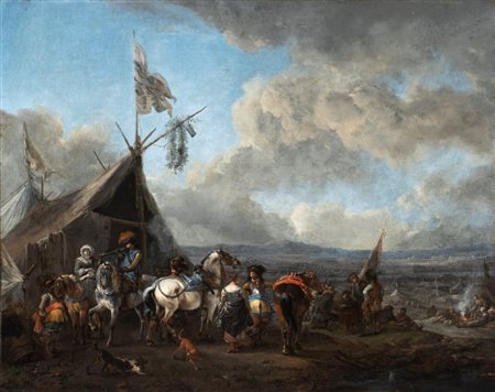 Philips Wouwerman (Haarlem, 1619 - 1668) 
Accampamento con cavalieri e mercanti 
Olio su tela cm. 51,5x66