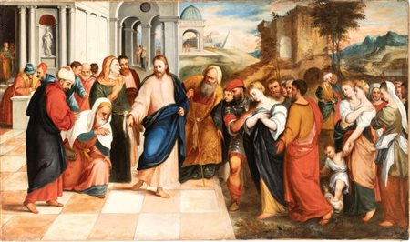 detto Bonifacio Veronese (seguace di) (Verona, 1487 ca. - Venezia, 1553,  - ) 
Cristo e l'adultera 
Olio su tela cm. 117x200