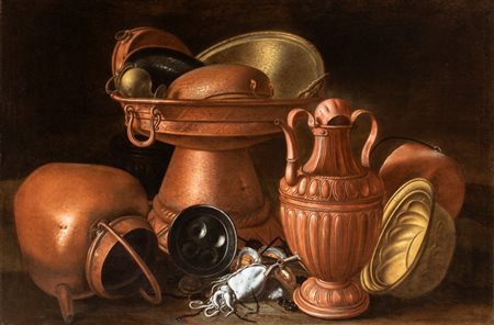 Giuseppe Ruoppolo (attribuito a) (Napoli, 1631 - 1710) 
Natura morta con recipienti in rame, seppie e ostriche 
Olio su tela cm. 101x151. Con cornice