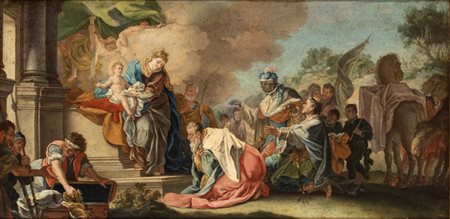 Artista veneto, prima metà XVIII secolo  
Adorazione dei Magi 
Olio su rame cm. 34x66. Con cornice