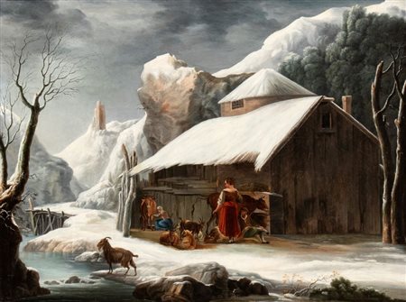 Francesco Foschi (Ancona, 1710 - Roma, 1780) 
Paesaggio innevato con stalla 
Olio su tela cm. 74x98. Con cornice