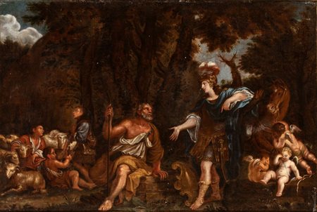 Filippo Lauri (attribuito a) (Roma, 1623 - Roma, 1694) 
Erminia tra i pastori 
Olio su tela cm. 51x74,5. Con cornice