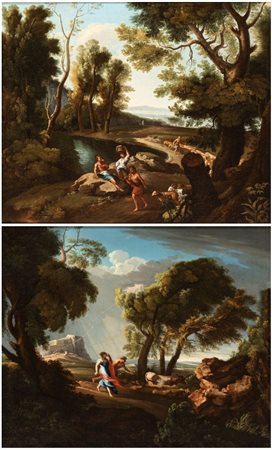 Artista attivo a Roma, prima metà XVIII secolo  
a) Paesaggio con figure e corso d'acqua; b) Paesaggio con coppia di pastori. Coppia di dipinti 
Olio su tela cm. 62x74,5 cad. Con cornice