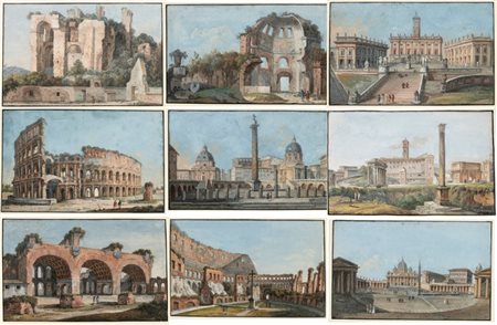 Artista attivo a Roma, XVIII secolo  
Vedute di Roma. Serie di 9 tempere 
Tempera su cartoncino cm. 9x14,5 cad. Con cornice