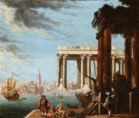 Artista attivo a Venezia, XVIII secolo  
Capriccio architettonico con figure e scorcio marino 
Olio su tela cm. 60,5x70,5. Con cornice