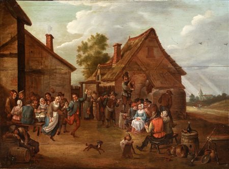 Il Giovane (ambito di) (Anversa, 1610 - Bruxelles, 1690) 
Villaggio con festa contadina 
Olio su tavola cm. 41x57. Con cornice