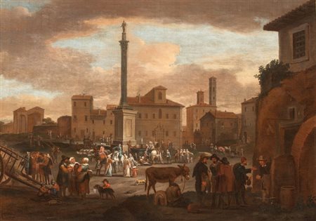 Pieter van Bredael (Anversa, 1629 - 1719) 
Veduta di piazza di Santa Maria Maggiore dal sagrato della chiesa 
Olio su tela cm. 59x81. Con cornice