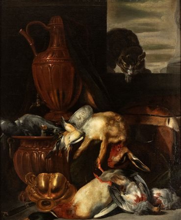 Artista fiammingo, XVII secolo  
Natura morta di cacciagione con gatto e vasellame 
Olio su tela cm. 96,5x82. Con cornice