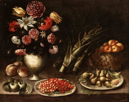 Artista attivo a Roma, XVII secolo  
Natura mora di frutti, fiori e ortaggi 
Olio su tela cm. 67,5x84,5. Con cornice