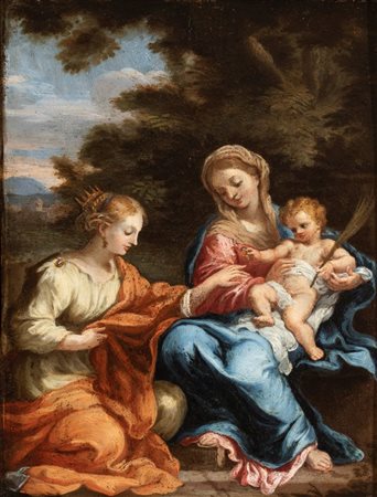 Artista attivo a Roma, seconda metà XVII secolo  
Matrimonio mistico di Santa Caterina 
Olio su rame cm. 23x17,5. Con cornice
