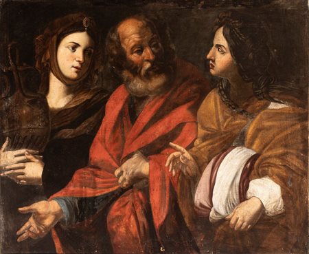 Guido Reni (bottega di) (Bologna , 1575 - 1642) 
Lot e le figlie 
Olio su tela cm. 113x135.  Con cornice antica