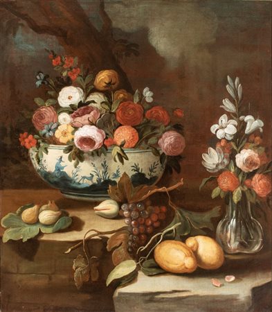 Artista attivo a Napoli, XVIII secolo  
Natura morta di fiori e frutta  
Olio su tela cm. 118x104. Con cornice