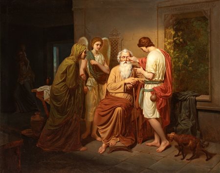 Johan August Malmström (attribuito a) (Motala, 1829  - Stoccolma, 1901) 
Tobiolo risana la cecità del padre Tobia 
Olio su tela cm. 75x94,5. Con cornice