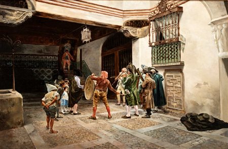 José Fernández Alvarado (Málaga, 1875 - Huelva, 1935) 
Serenata in un cortile 
Olio su tela cm. 113x167. Con cornice
