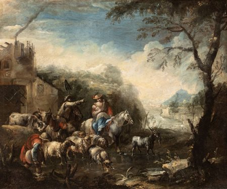 Domenico Brandi (Napoli, 1684 - 1736) 
Famiglia di pastori con gregge in un paesaggio 
Olio su tela cm. 80,5x96. Con cornice