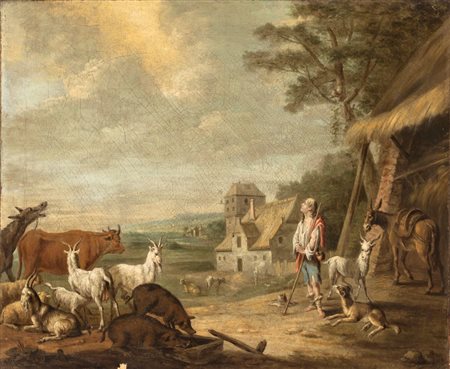 Jan van Gool (The Hague, 1685 - 1763) 
Un pastore con il suo gregge 
Olio su tela cm. 63x75,5. Con cornice