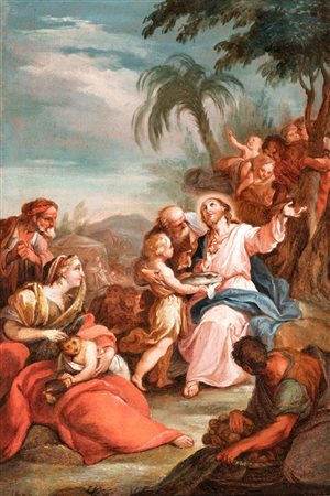 Domenico Corvi (attribuito a) (Viterbo, 1721 - Roma, 1803) 
Moltiplicazione dei pesci 
Olio su tela cm. 42x28. Con cornice