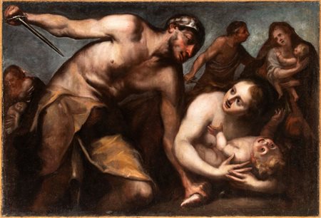 Artista lombardo, XVII secolo  
Strage degli innocenti 
Olio su tela cm. 102x148,5. Con cornice a listello