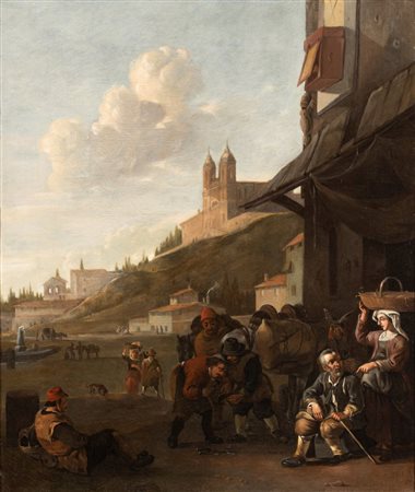 Johannes Lingelbach (cerchia di) (Francoforte, 1622 - Amsterdam, 1674) 
Paesaggio con viandanti, maniscalco e Trinità dei Monti sullo sfondo 
Olio su tela cm. 54,5x46. Con cornice