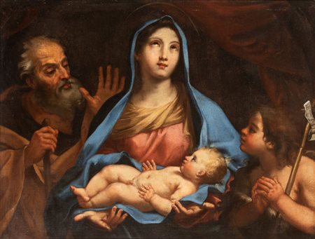 Artista emiliano, seconda metà XVII secolo  
Sacra Famiglia con San Giovannino 
Olio su tela riportato su tavola cm. 88,5x117. Con cornice a listello