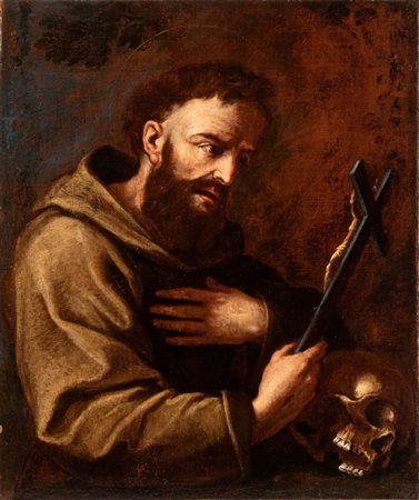 Artista emiliano, XVII secolo  
San Francesco in adorazione del crocifisso  
Olio su tela cm. 72x59