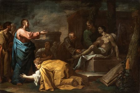 Artista napoletano, XVIII secolo  
Resurrezione di Lazzaro 
Olio su tela cm. 84x126. Con cornice