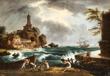 Claude Joseph Vernet (seguace di) (Avignone, 1714 - Parigi, 1789) 
Marina in tempesta con pescatori  
Olio su tela cm. 69x99,5. Con cornice