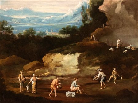 Artista veneto, XVIII secolo  
Paesaggio con gruppo di contadini 
Olio su tela cm. 80x105. Con cornice