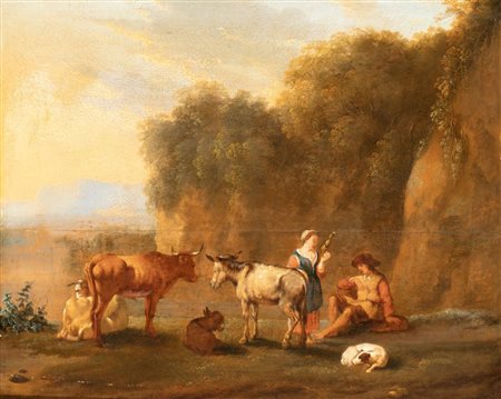 Artista fiammingo, XVIII secolo  
Sosta di viandanti in un paesaggio 
Olio su tavola cm. 42x49,5. Con cornice
