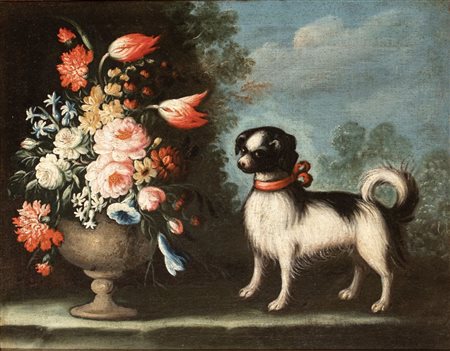 Artista emiliano, XVIII secolo  
Vaso di fiori con cagnolino 
Olio su tela cm. 49x62,5. Con cornice