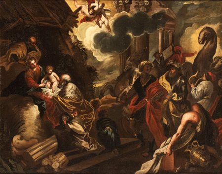 Artista attivo a Napoli, seconda metà XVII secolo  
Adorazione dei Magi 
Olio su tela cm. 73x92,3. Con cornice