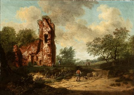 Artista olandese, XVIII secolo  
Paesaggio con rudere e figure 
Olio su tela  cm. 52,5x73. Con cornice