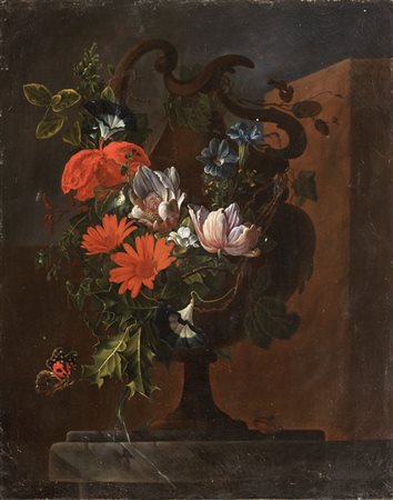 Artista fiammingo, XVIII-XIX secolo  
Natura morta di fiori in un vaso 
Olio su tela cm. 43x34,5